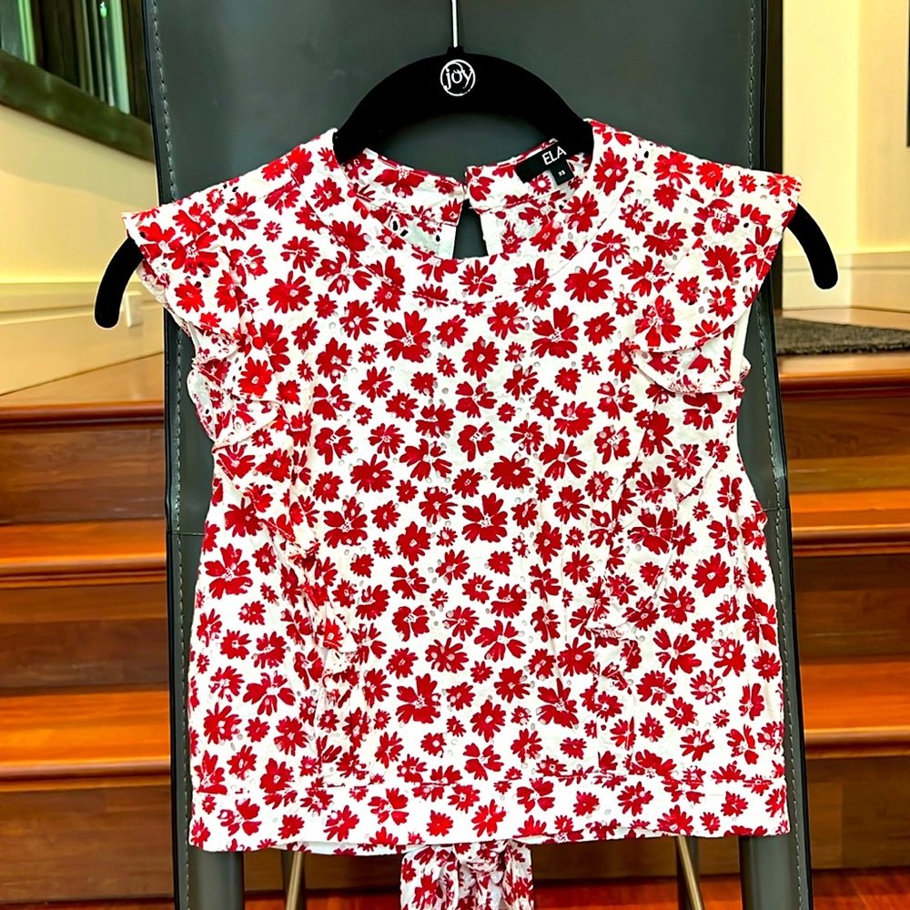 Front not see through. Red and white Colombian Brand Blouse. Open back